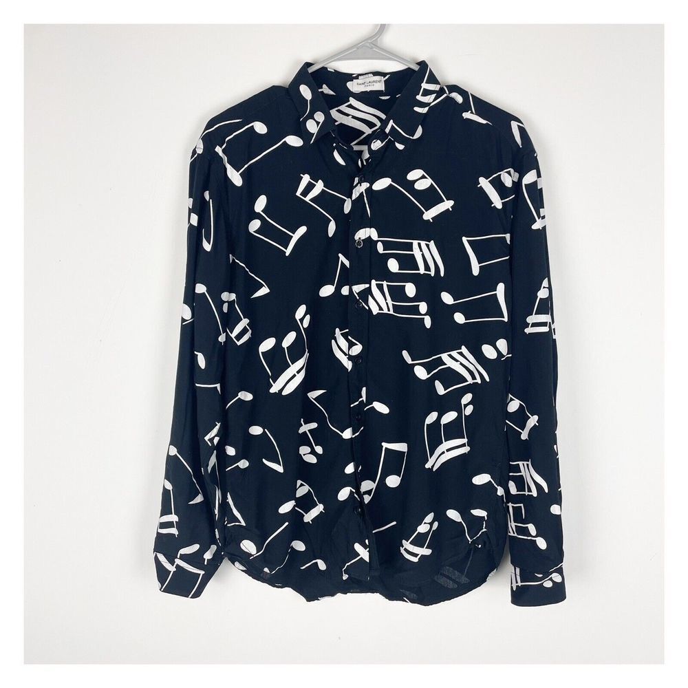 Saint Laurent Black Button-Down Shirt with White Music Note Print - Picture 2 of 7